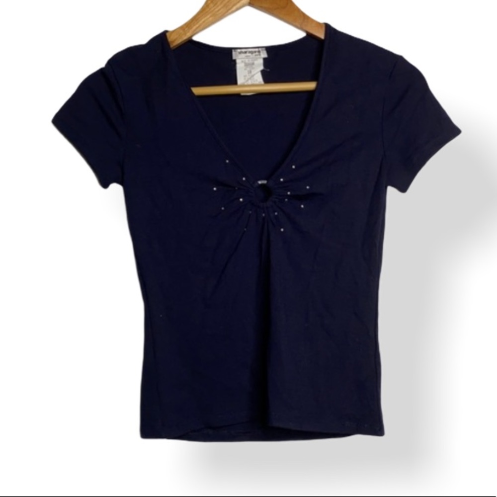 Sharagano Blue Faux Rhinetones Keyhole Crop Tee